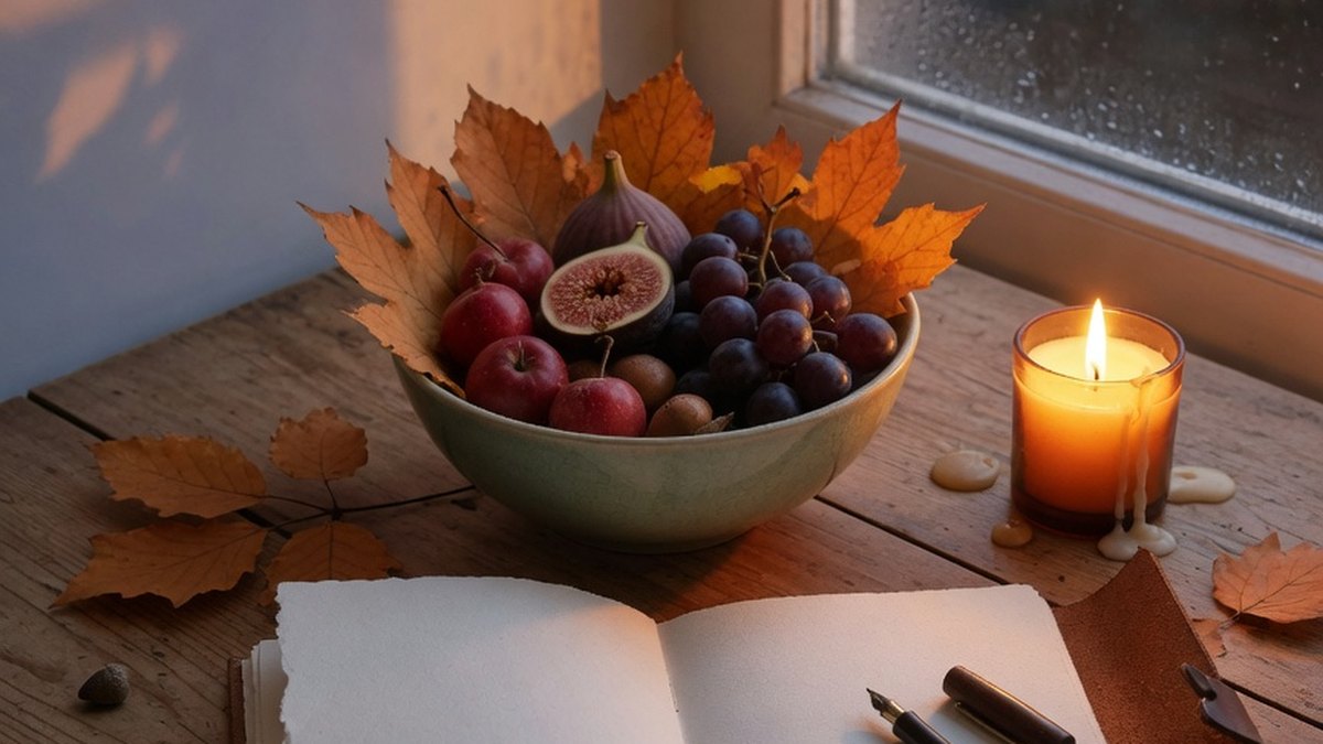 Nature morte automnale avec bougie, journal ouvert et fruits de saison, lumière douce du soir