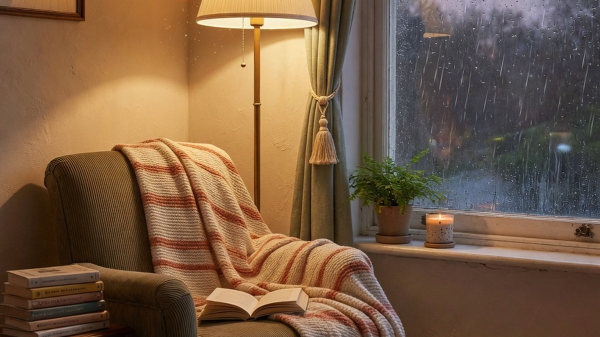 Coin cocooning avec pluie derrière la fenêtre, ambiance détente et sommeil