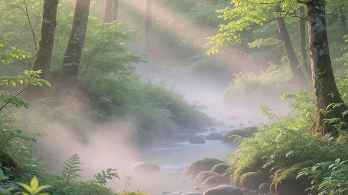 Forêt calme avec un ruisseau et lumière douce, ambiance relaxation musique nature