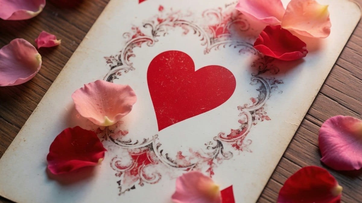 Carte représentant le symbole du cœur entourée de pétales, ambiance amour et cartomancie