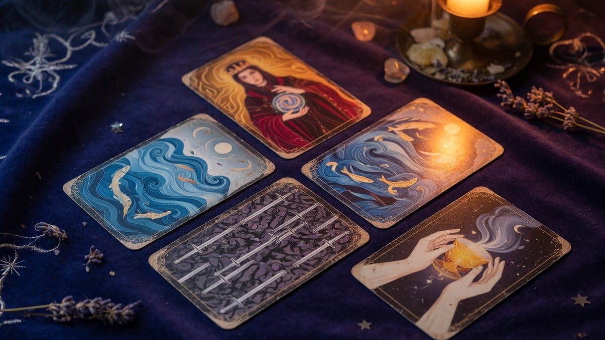 Tirage de cartomancie avec plusieurs cartes disposées sur une table