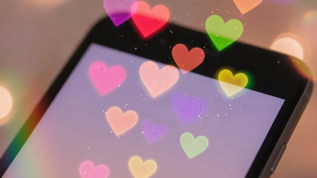 Écran de smartphone entouré de cœurs colorés symbolisant les emojis cœur