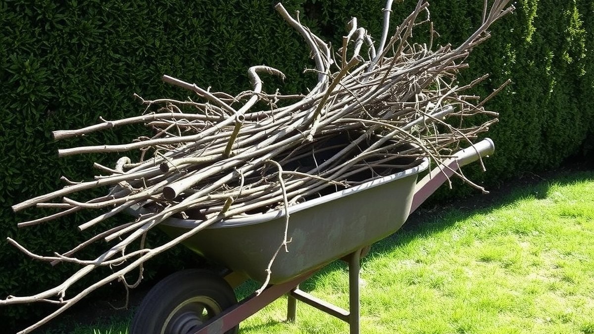 Brouette de déchets de taille près d'une haie entretenue