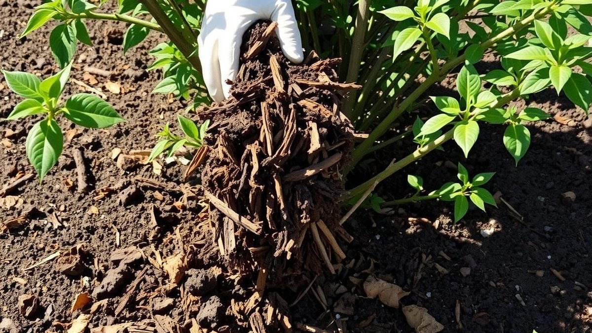 Paillage et compost apportés au pied d'un arbuste après la taille