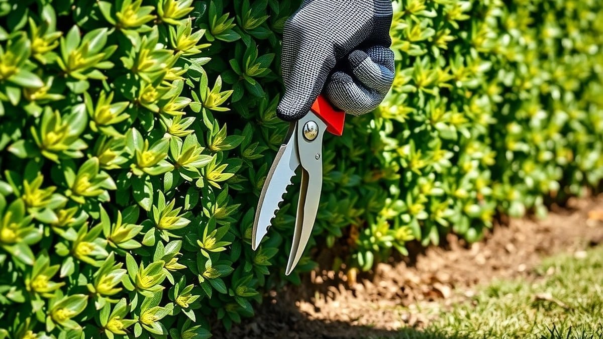 Taille d'un arbuste à la cisaille dans un jardin en pleine lumière