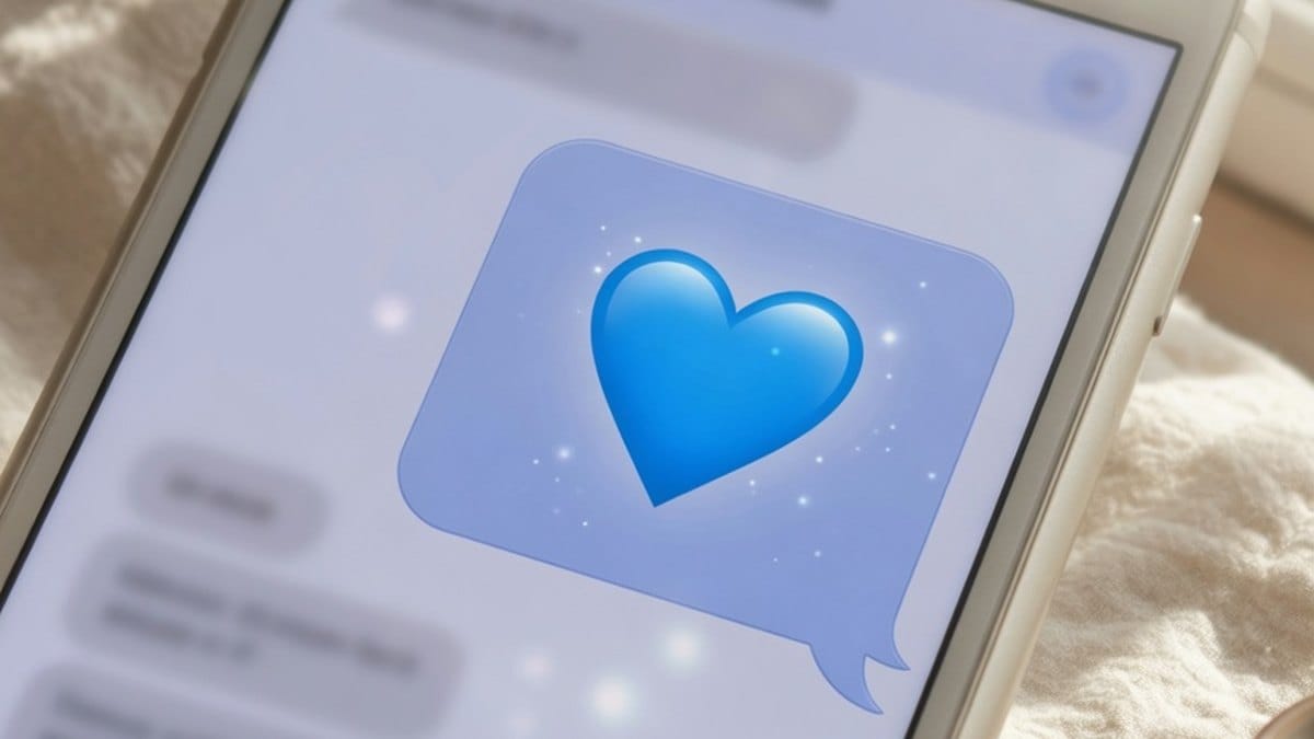 Smartphone affichant une conversation avec un cœur bleu envoyé entre amis