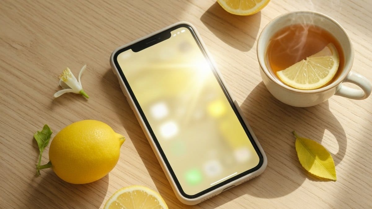 Smartphone posé sur une table en bois avec une lumière chaleureuse jaune, ambiance conversation et messagerie