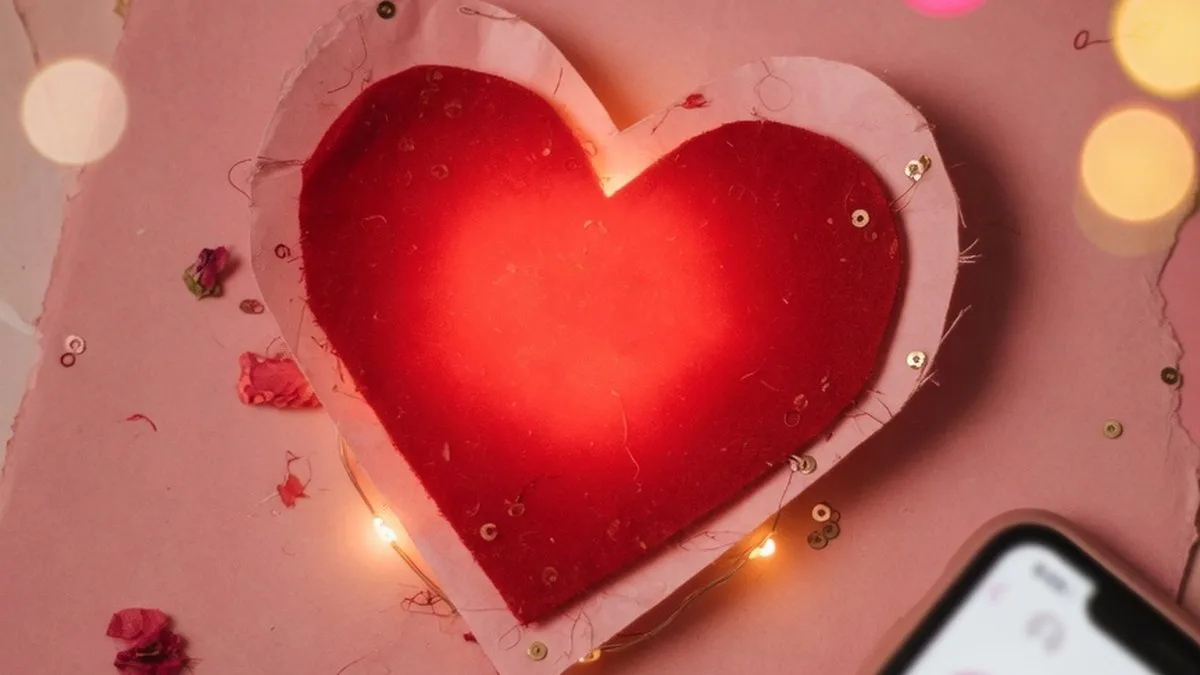 Cœur rouge lumineux posé sur un fond doux évoquant une conversation amoureuse en ligne