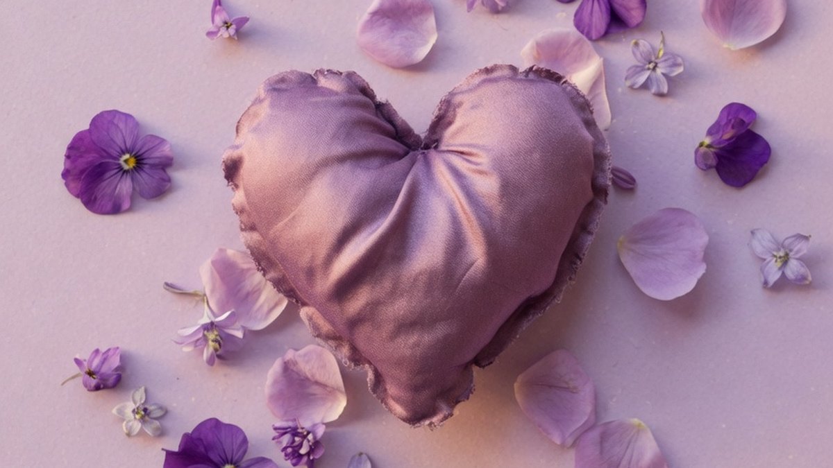 Cœur violet en tissu soyeux entouré de pétales lilas sur fond pastel, illustrant la signification du cœur violet