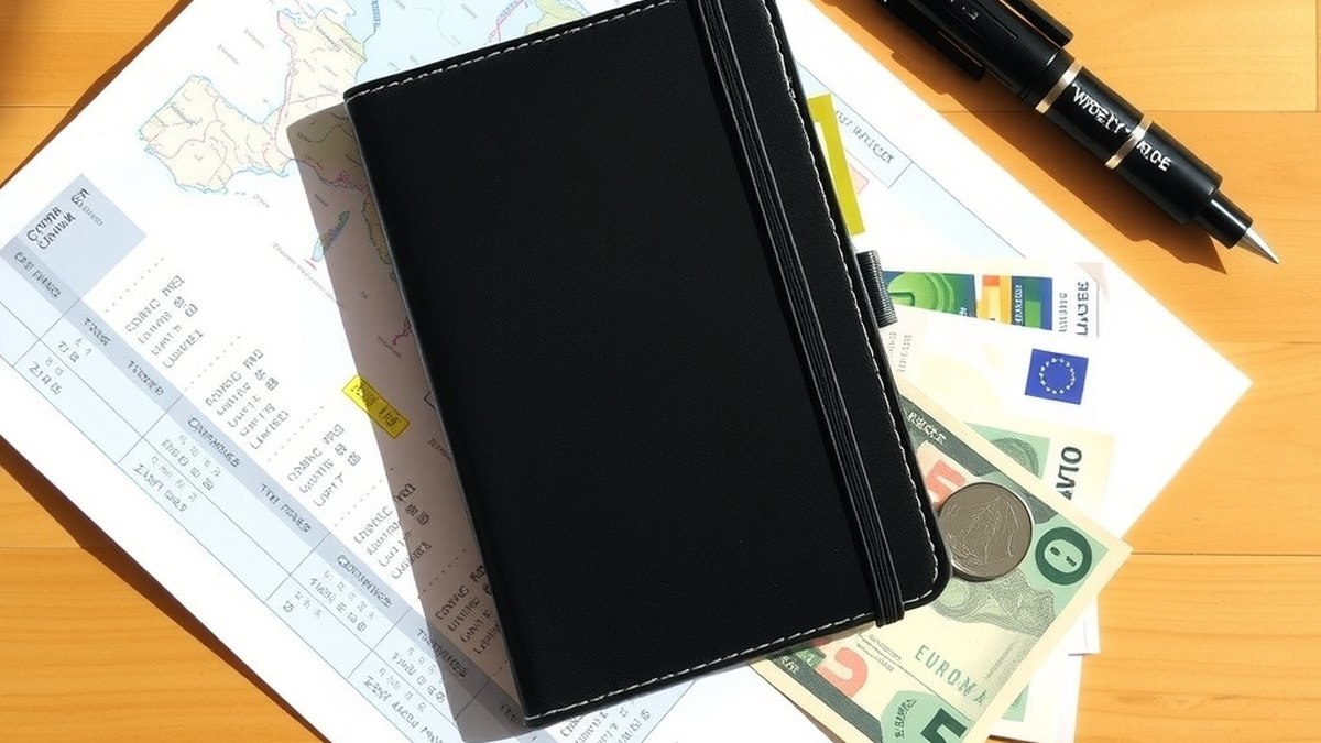 Carnet de budget voyage avec pièces et billets en euros et une carte sur une table en bois
