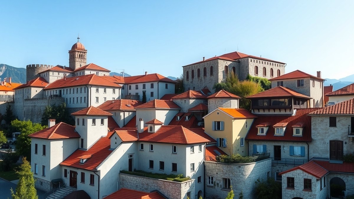 Vieille ville des Balkans avec toits rouges et remparts en pierre sur une colline