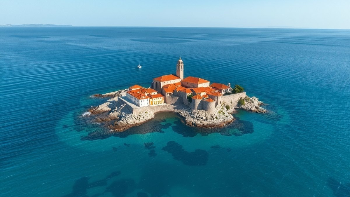 Côte adriatique turquoise avec une ville historique fortifiée sur une presqu'île
