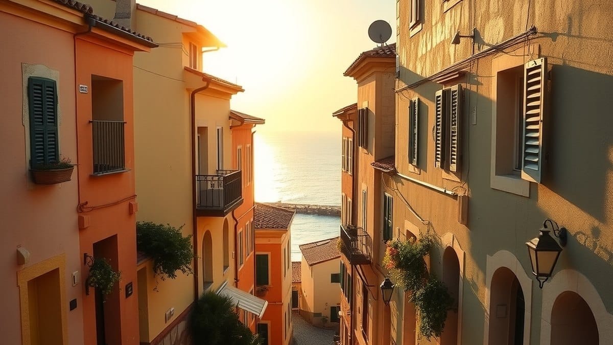 Ruelle ensoleillée d'une ville côtière d'Europe avec maisons colorées donnant sur la mer