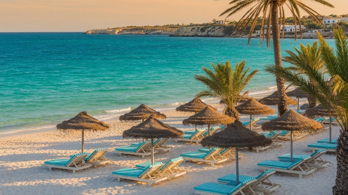 Plage de sable blanc et eau turquoise sur la côte tunisienne, ambiance ensoleillée.