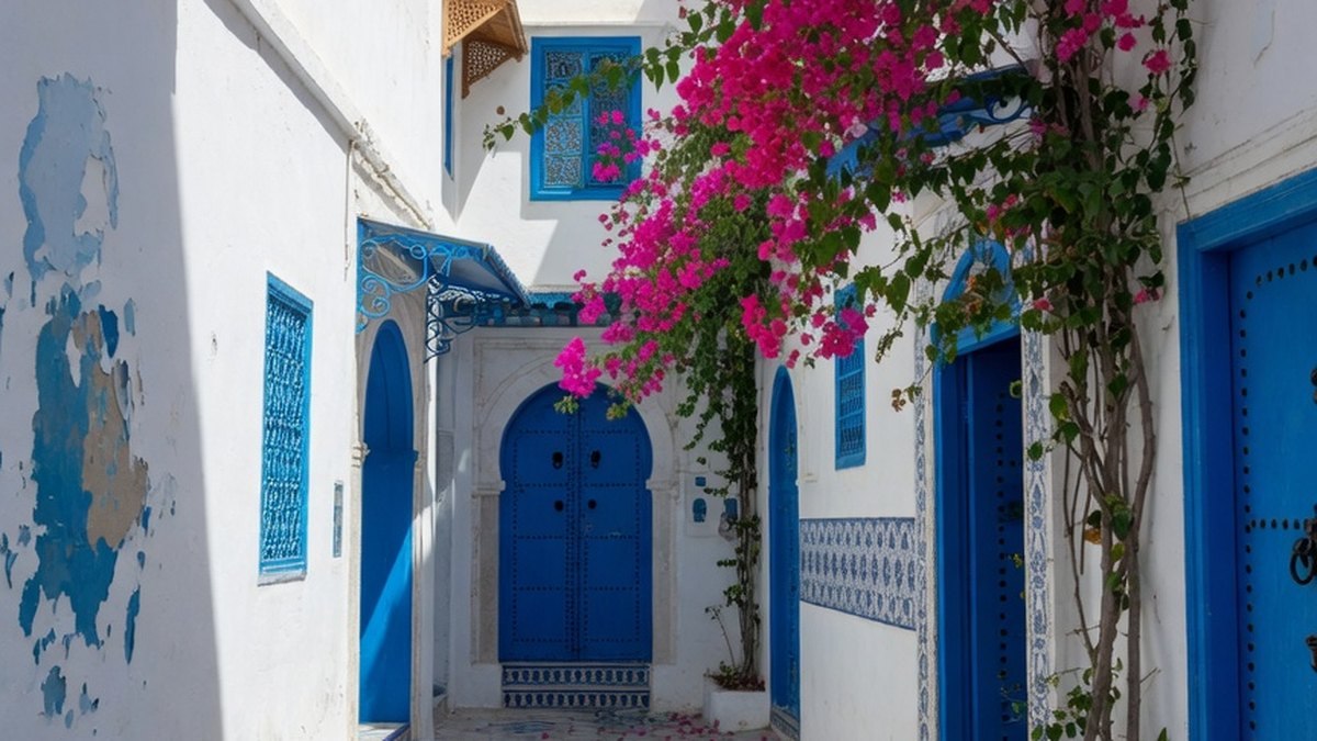 Ruelle typique d'une médina tunisienne aux murs blancs et bleus décorés de bougainvillées.