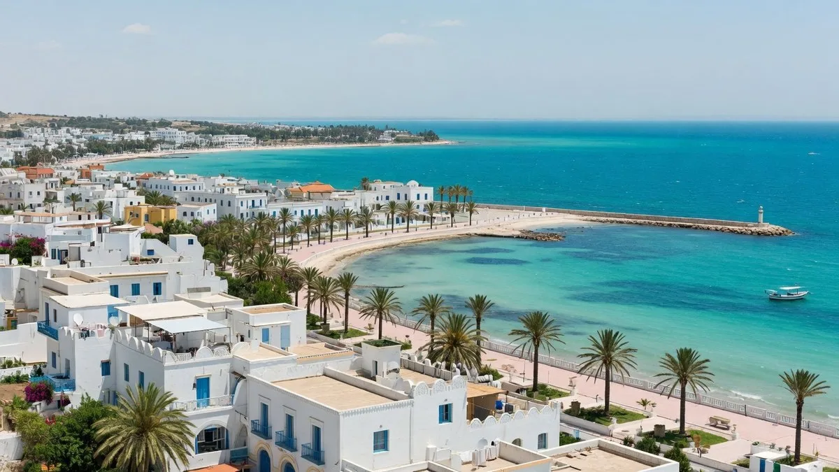 Vue panoramique d'une station balnéaire tunisienne en bord de mer avec bâtiments blancs et eau turquoise.