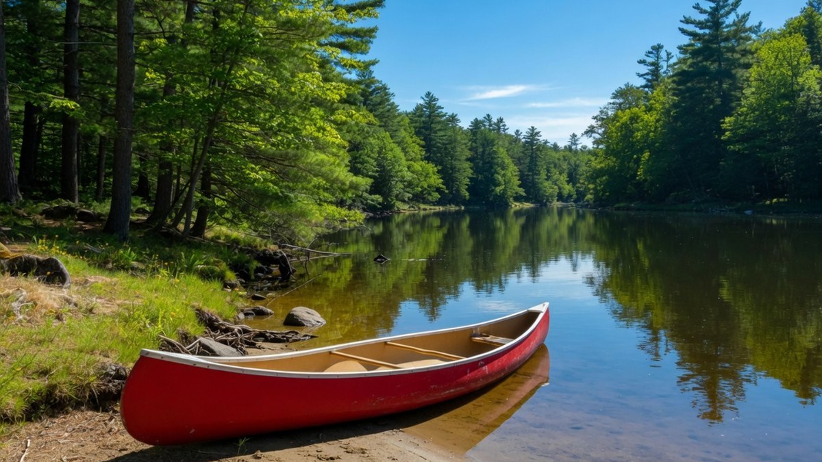 Base de loisirs avec canoë au bord d'une rivière, activité familiale pour un week-end en France