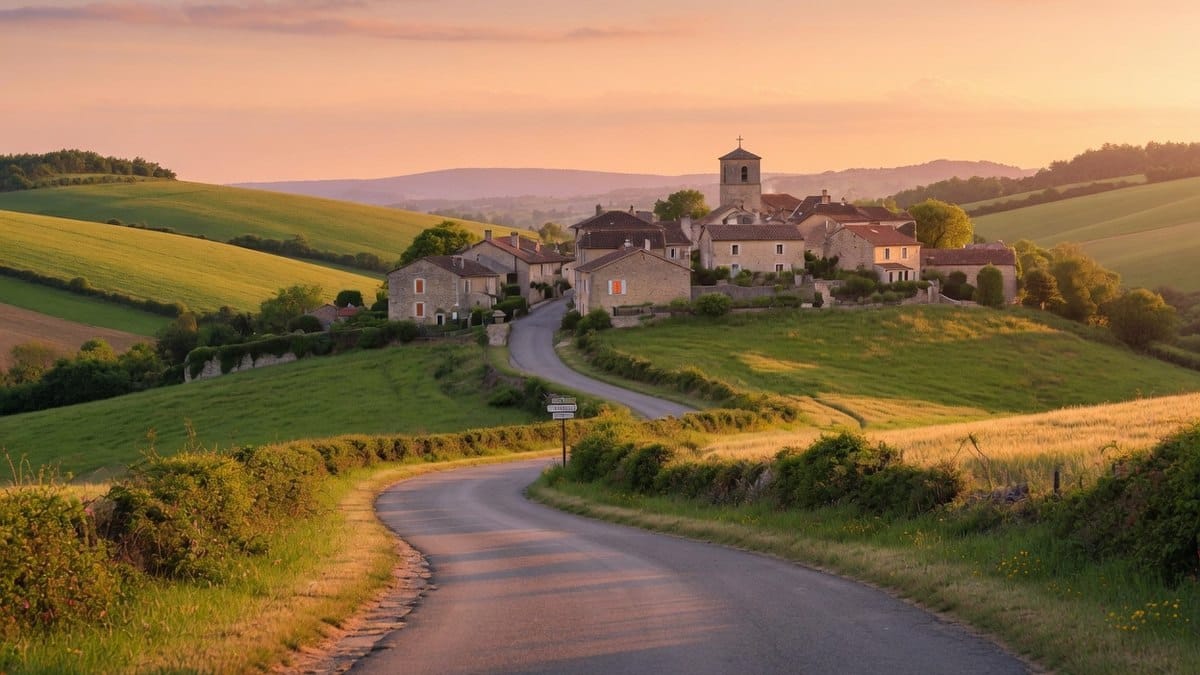 Route de campagne menant vers un village français au coucher du soleil, illustration d'un week-end en France