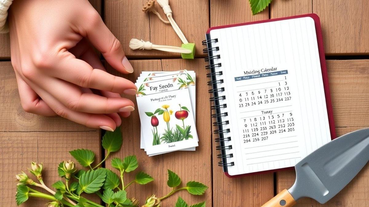 Outils de jardinage, sachets de graines et page de calendrier posés sur une table en bois