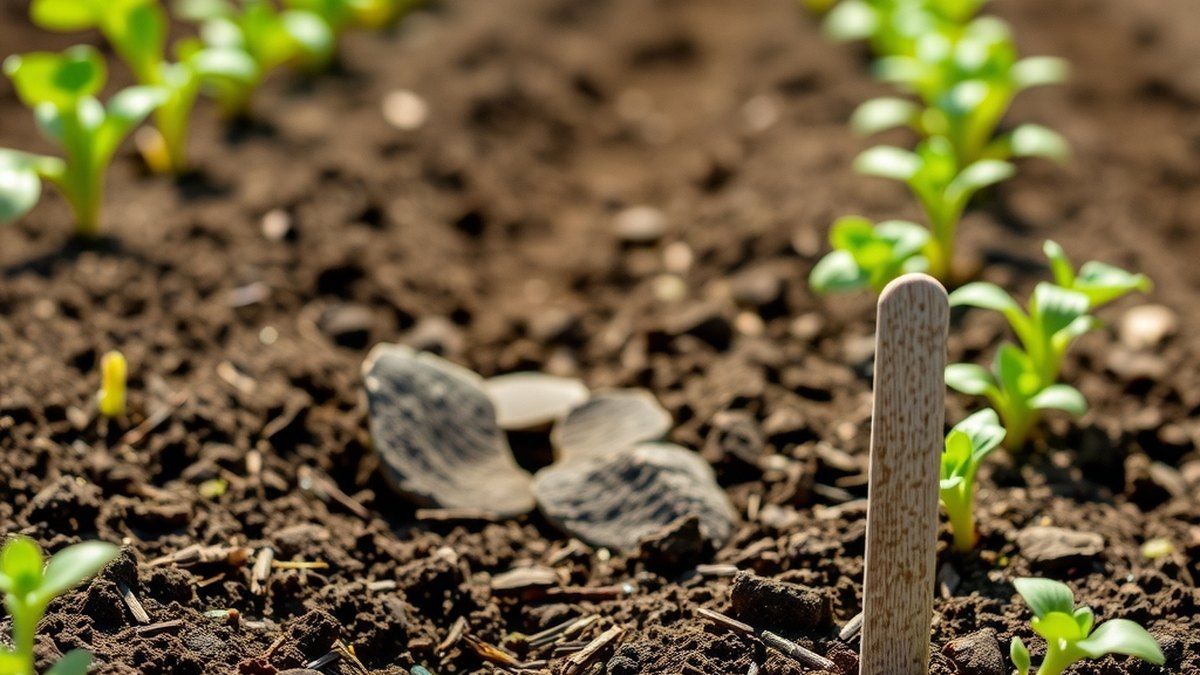 Rangée de jeunes semis dans un potager au printemps avec un repère en bois planté dans la terre