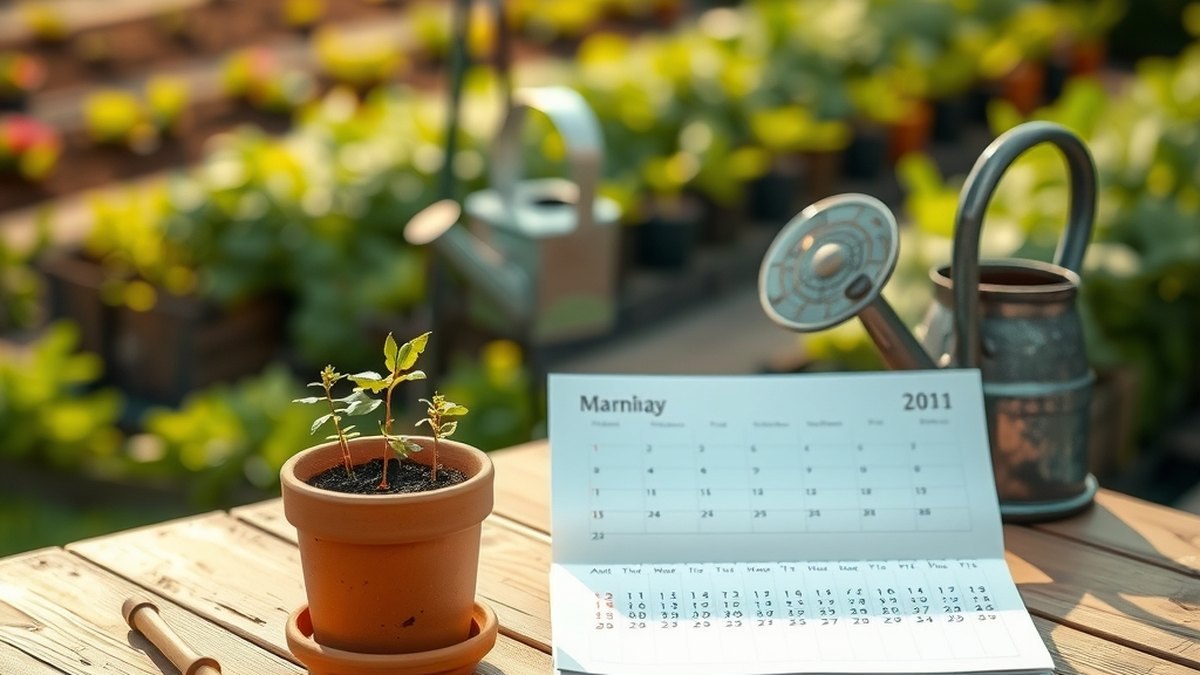 Table de jardin en bois avec un calendrier papier, un pot de jeunes semis et des outils de jardinage sous la lumière du matin