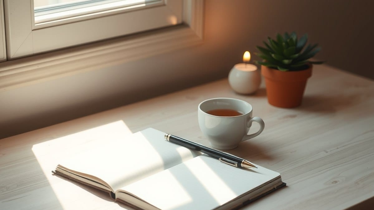 Bureau lumineux avec carnet ouvert, tasse de thé et plante verte évoquant une séance de coaching développement personnel