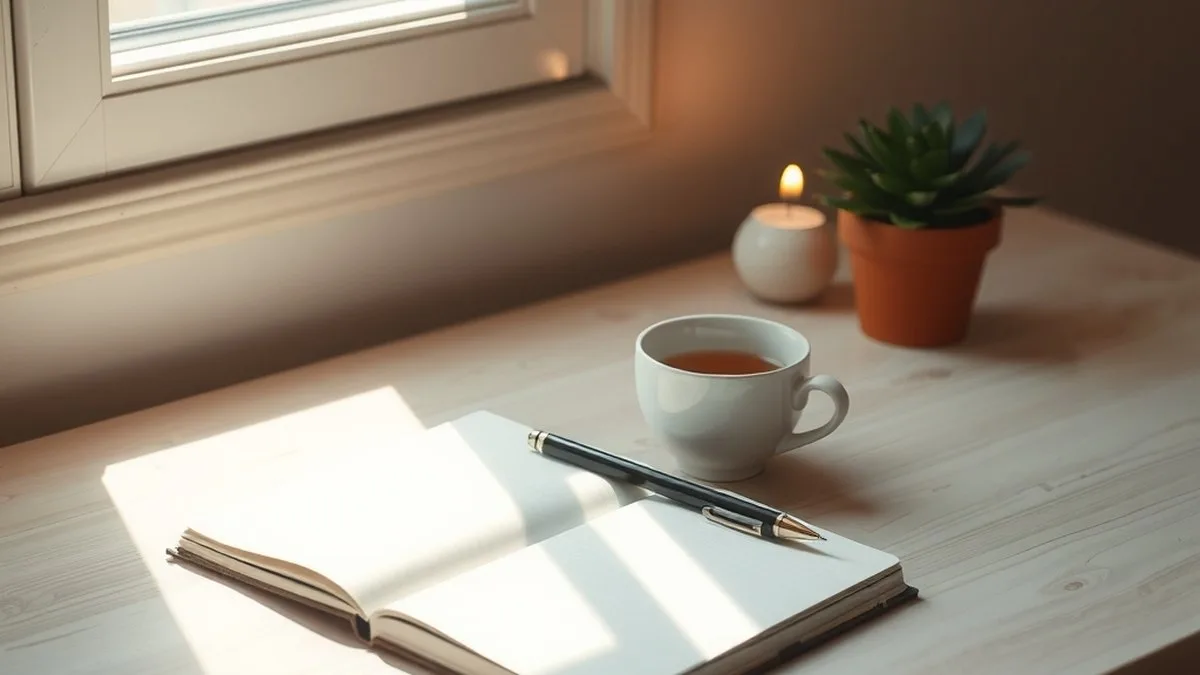 Bureau lumineux avec carnet ouvert, tasse de thé et plante verte évoquant une séance de coaching développement personnel
