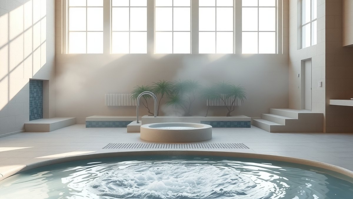 Bassin thermal vide avec vapeur d'eau dans un établissement de cure