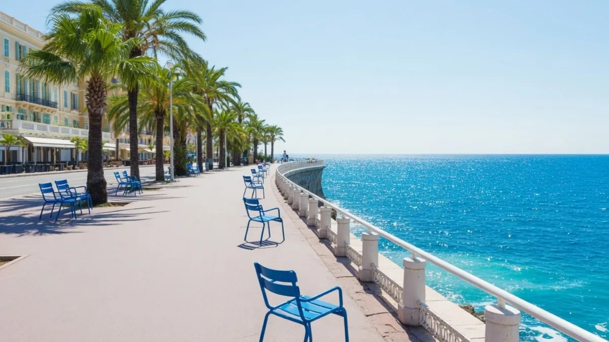 La Promenade des Anglais à Nice et la mer Méditerranée sous un ciel lumineux