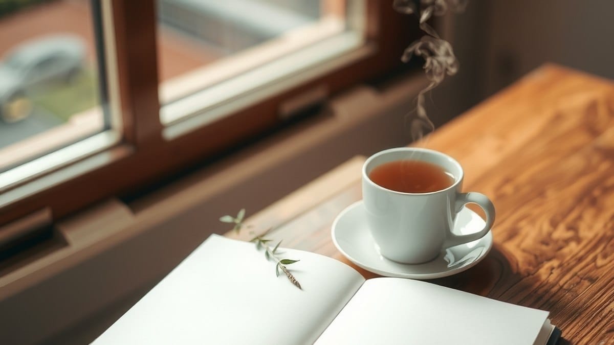 Carnet ouvert et tasse de thé dans une lumière douce, évoquant la gratitude
