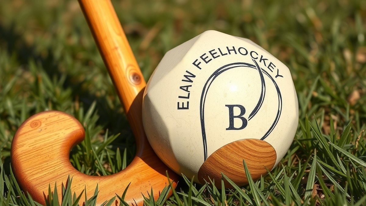 Crosses de hockey en bois et balle sur gazon naturel, évoquant les débuts du hockey sur gazon