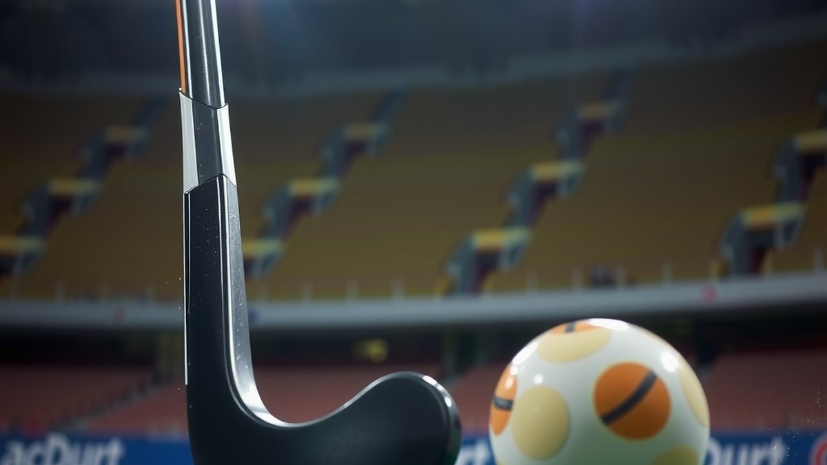 Crosse de hockey sur gazon frappant la balle sur gazon synthétique, gros plan