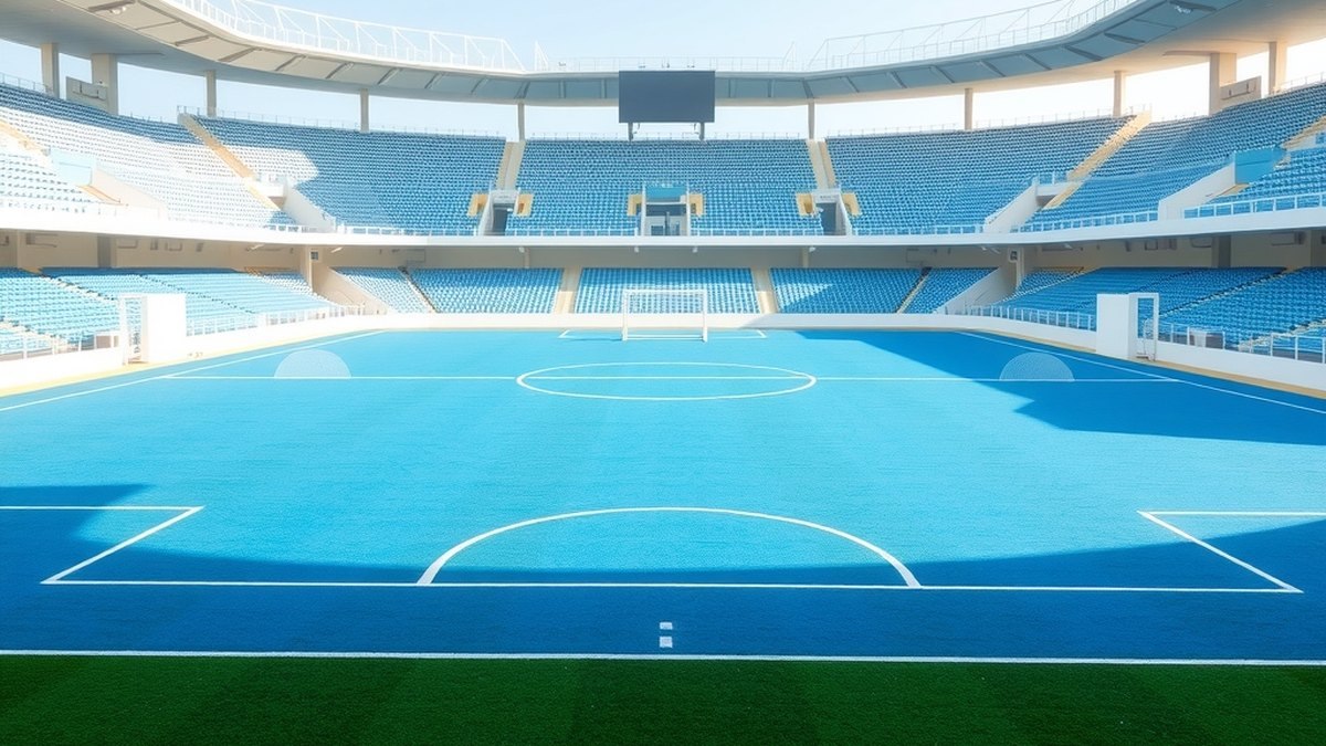 Stade de hockey sur gazon avec arrosage automatique du terrain synthétique avant un match