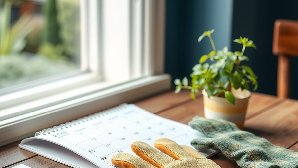 Calendrier et gants de jardinage posés sur une table avant le changement d'heure