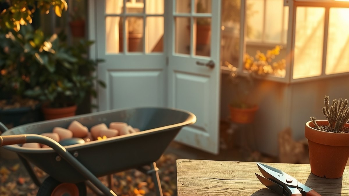 Jardin d'automne en fin d'après-midi avec pots de plantes à rentrer et outils de jardinage