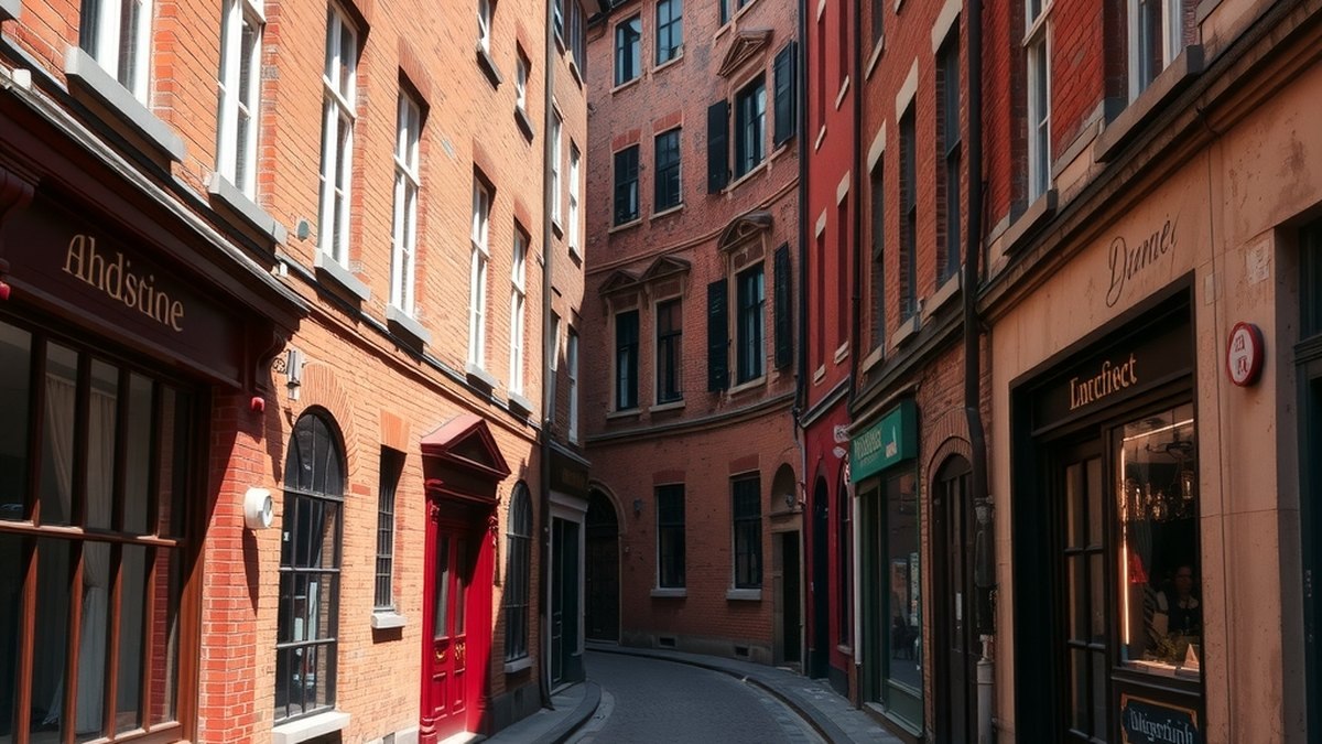Ruelle pavée du Vieux-Lille bordée de façades en briques et de boutiques