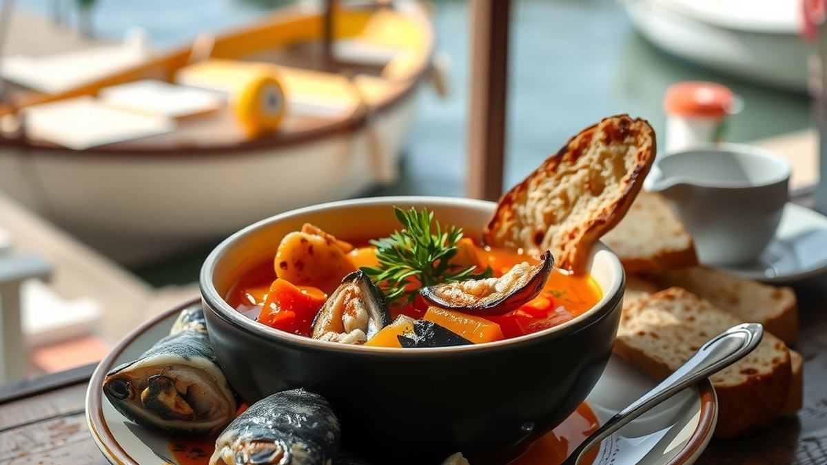 Bouillabaisse servie avec rouille et croûtons face à un port méditerranéen