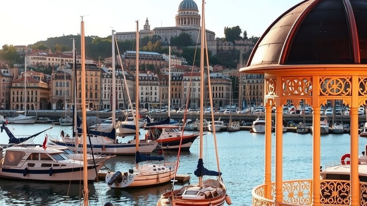 Vue du Vieux-Port de Marseille au coucher du soleil avec Notre-Dame de la Garde en arrière-plan