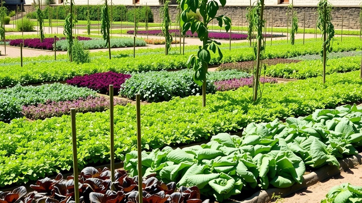 Carrés de légumes et de fleurs organisés dans un jardin potager de château en Val de Loire