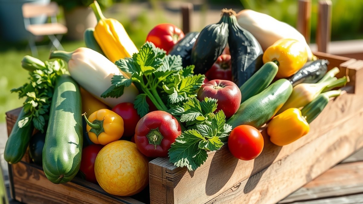 Légumes de saison récoltés dans un potager de Loire, présentés dans un cageot en bois