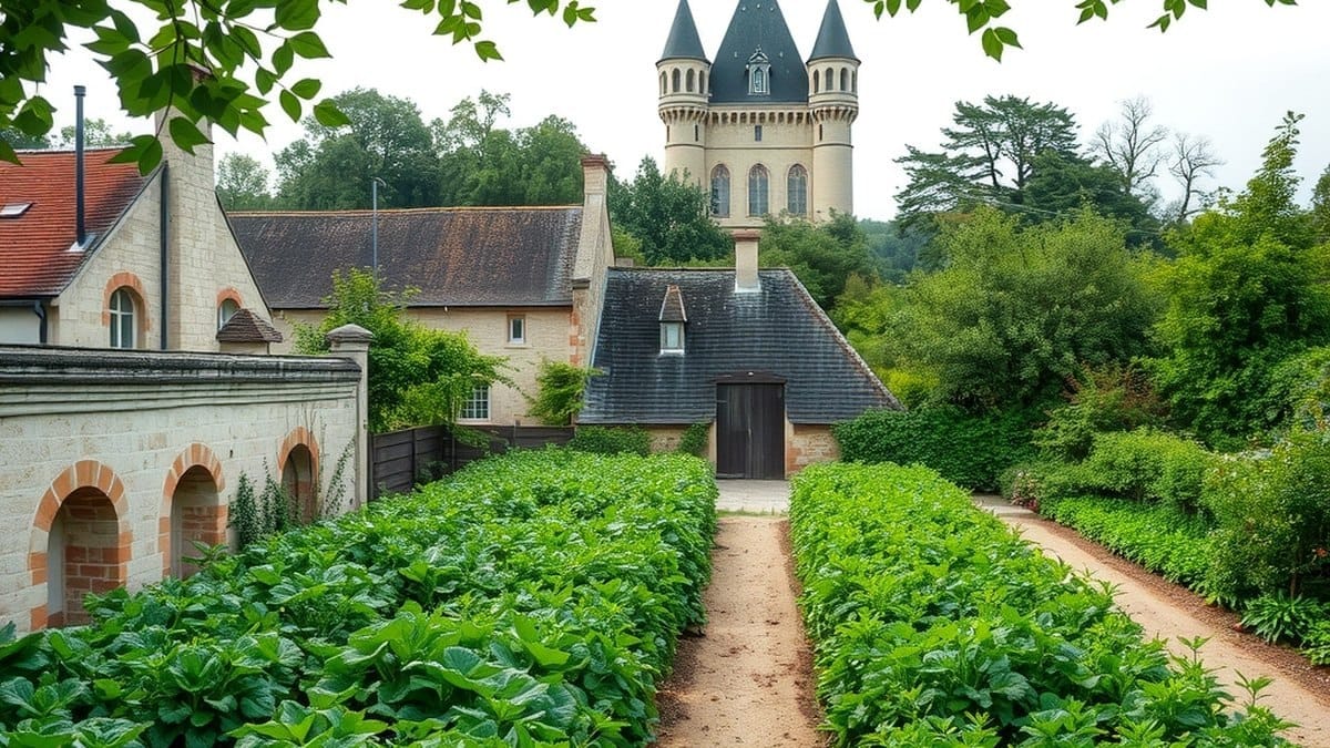 Jardin potager historique bordé de murs en pierre avec un château en arrière-plan dans le Val de Loire