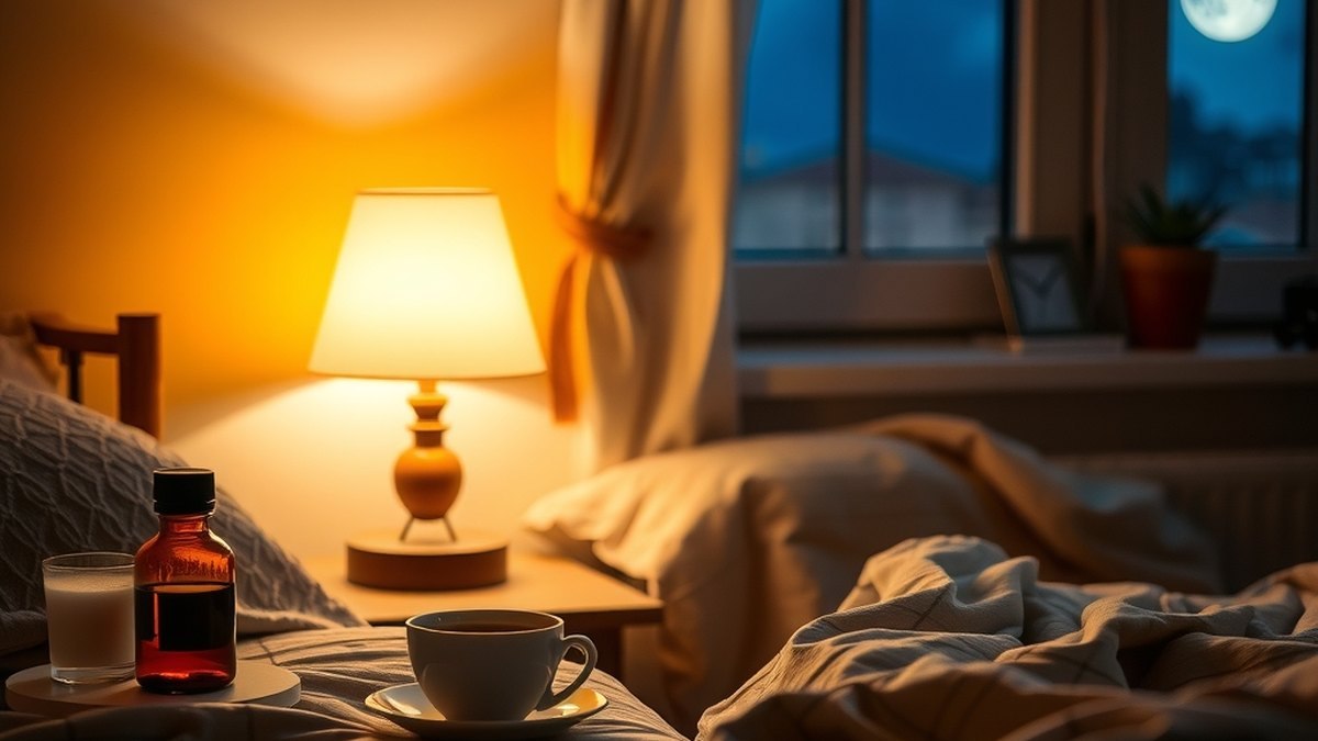 Table de nuit avec une tisane et des compléments naturels dans une chambre calme le soir