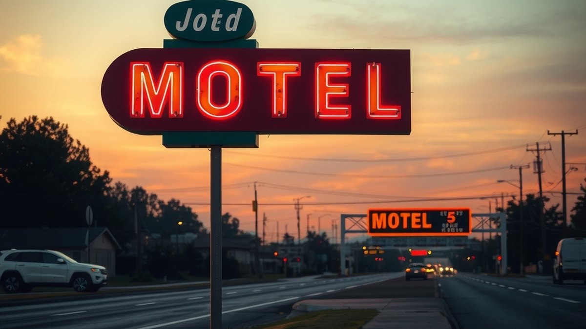 Enseigne rétro d'un motel typique le long d'une route américaine historique