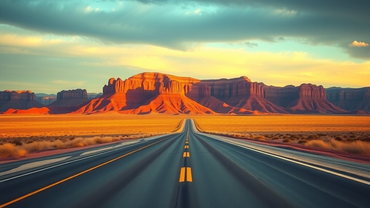 Route déserte traversant un paysage de canyons dans l'Ouest américain au coucher du soleil