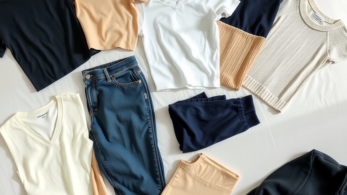 Dix vêtements polyvalents aux couleurs coordonnées disposés à plat sur un lit