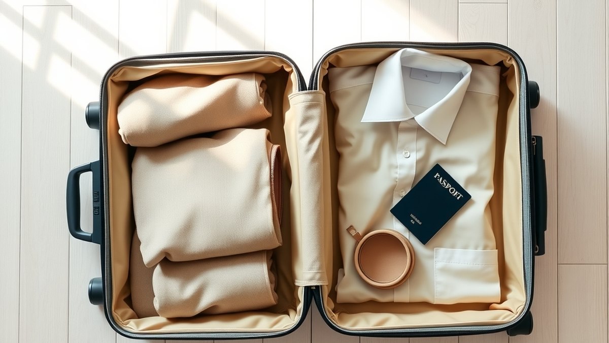 Valise cabine ouverte avec vêtements roulés, trousse de toilette et passeport posés sur un parquet clair